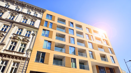Downtown modern residential architecture. Architectural details of modern apartment building. Modern european residential apartment building complex.の写真素材