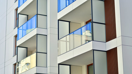 Downtown modern residential architecture. Architectural details of modern apartment building. Modern european residential apartment building complex.の写真素材