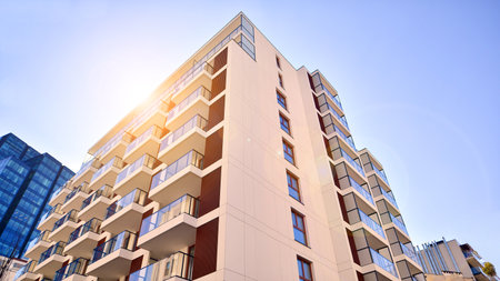 Downtown modern residential architecture. Architectural details of modern apartment building. Modern european residential apartment building complex.の写真素材