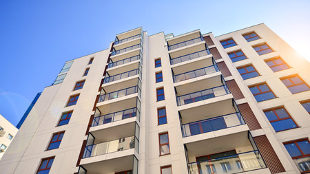 Downtown modern residential architecture. Architectural details of modern apartment building. Modern european residential apartment building complex.の写真素材