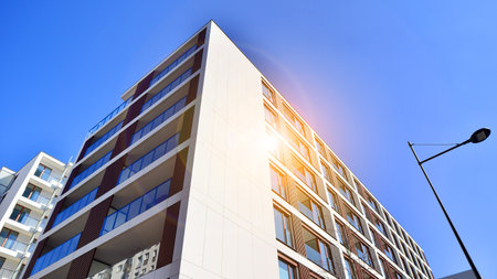 Downtown modern residential architecture. Architectural details of modern apartment building. Modern european residential apartment building complex.の写真素材