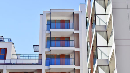 Downtown modern residential architecture. Architectural details of modern apartment building. Modern european residential apartment building complex.の写真素材