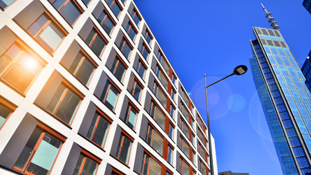 Downtown modern residential architecture. Architectural details of modern apartment building. Modern european residential apartment building complex.の写真素材