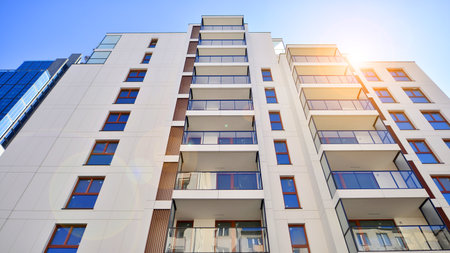 Downtown modern residential architecture. Architectural details of modern apartment building. Modern european residential apartment building complex.の写真素材