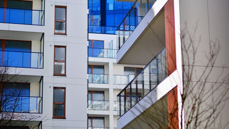 Downtown modern residential architecture. Architectural details of modern apartment building. Modern...