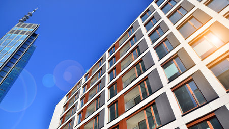 Downtown modern residential architecture. Architectural details of modern apartment building. Modern european residential apartment building complex.の写真素材