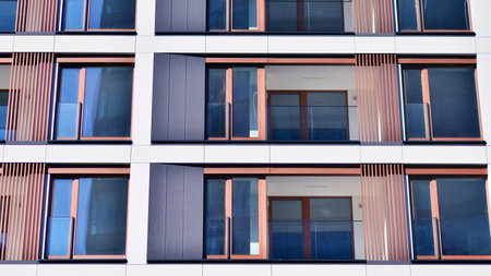 Downtown modern residential architecture. Architectural details of modern apartment building. Modern european residential apartment building complex.の写真素材