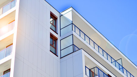 Downtown modern residential architecture. Architectural details of modern apartment building. Modern european residential apartment building complex.の写真素材