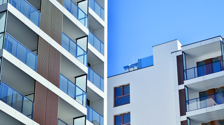 Downtown modern residential architecture. Architectural details of modern apartment building. Modern european residential apartment building complex.の写真素材