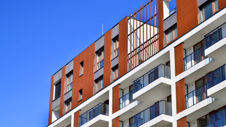 Downtown modern residential architecture. Architectural details of modern apartment building. Modern european residential apartment building complex.の写真素材