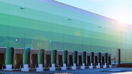 Facade of an industrial building and warehouse. Empty platforms at a distribution center.の写真素材