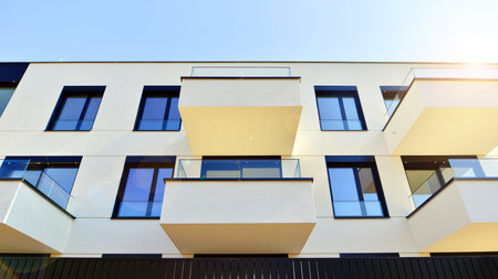 Modern architecture of urban residential apartment buildings on a sunny day. Low-rise apartment buildings with large windows and extensive terraces. White facade of a modern apartmentの写真素材