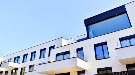 Modern architecture of urban residential apartment buildings on a sunny day. Low-rise apartment...