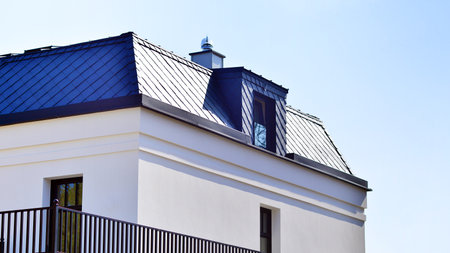 Luxury real estate single family house with white modern facade. A suburban district of single-family homes.の写真素材