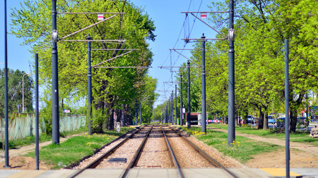 Warsaw, Poland. April 26, 2025. Tram tracks in the suburbs. ModliÅ„ska Street.