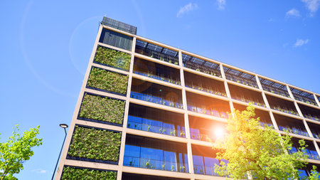 Modern city eco office building with tree. Detail shot of modern architecture facade, business...
