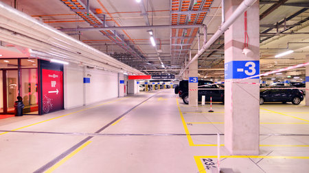 Warsaw, Poland. May 7, 2025. View on underground parking garage under a PGE Narodowy stadium