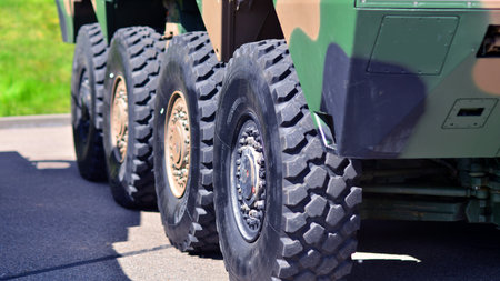 Wheels on an armored vehicle close-up.の写真素材