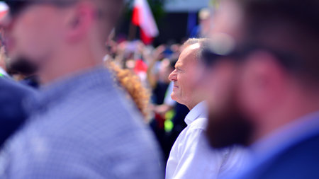 Warsaw, Poland. 25/05/2025. The Great March of Patriots by Rafal Trzaskowski. March in support of the presidential candidate. Prime Minister Donald Tusk.のeditorial素材