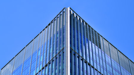 Modern sustainable glass office buildings. Exterior view of corporate headquarters glass buildings...