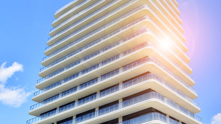 Exterior of a high modern multi-story apartment building - facade, windows and balconies.の写真素材