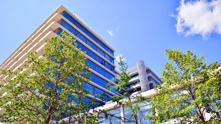 Office with green environment. Corporate building reduce CO2. Sustainable glass office building with trees for reducing carbon dioxide. Eco-friendly building in modern city.の写真素材