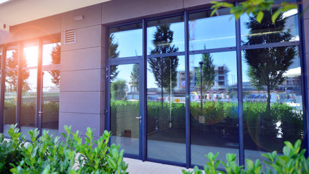 Panoramic windows of new commercial premises. Commercial property in development standard for rent.