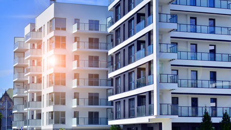 Modern new residential apartment house building complex. Exterior view of modern apartment building....
