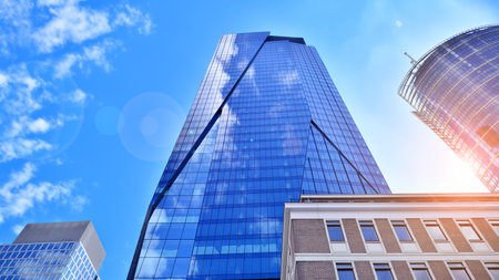 Modern sustainable glass office buildings. Exterior view of corporate headquarters glass buildings...