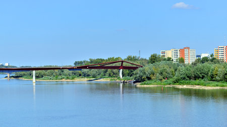 Warsaw, Poland. 15 August 2025. View of the pedestrian and bicycle bridge over the Vistula.