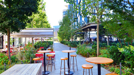 Warsaw, Poland. 21 September 2025. Bracka in downton lined with granite slabs and planted with plants and shrubs street. City promenade during summer day. City architecture with shのeditorial素材