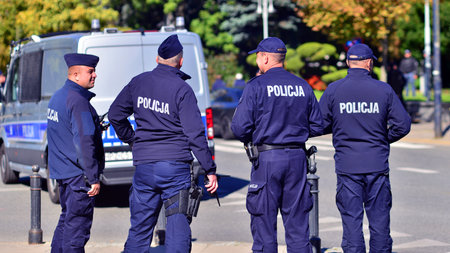Warsaw, Poland. 26 September 2025. Police sign on police car. Polish police.
