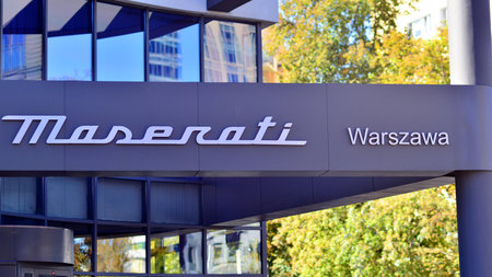 Warsaw, Poland. September 26, 2025. Urban landscape. Neon sign with the inscription: Maserati...