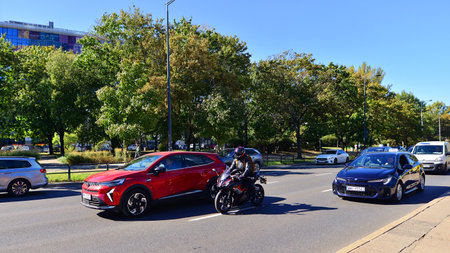Warsaw, Poland. September 26, 2025. Downtown street traffic. On Towarowa street on summer day. The...