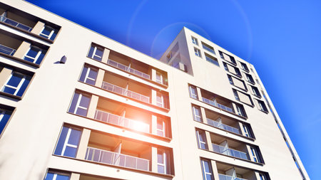 New modern block of flat, condo architecture. Residential apartment flat Luxury house complex. City real estate property,の写真素材