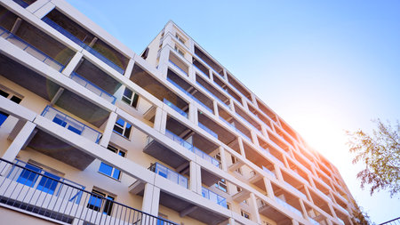New modern block of flat, condo architecture. Residential apartment flat Luxury house complex. City real estate property,の写真素材