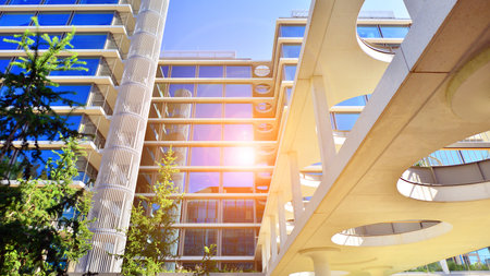 Modern luxury office building.The structure features a glass and concrete walls, showcasing...