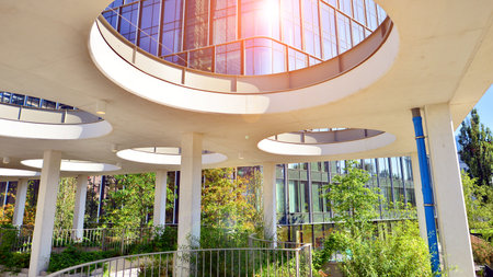 Modern luxury office building.The structure features a glass and concrete walls, showcasing...