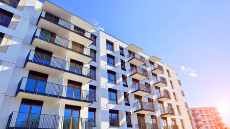 New modern block of flat, condo architecture. Residential apartment flat, luxury house complex. City...