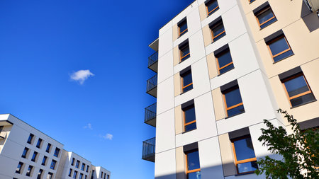 New modern block of flat, condo architecture. Residential apartment flat, luxury house complex. City...