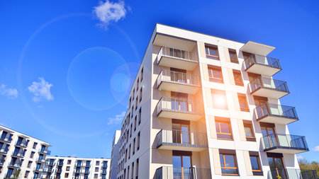 New modern block of flat, condo architecture. Residential apartment flat, luxury house complex. City real estate property.の写真素材