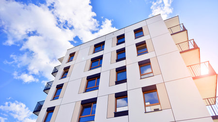 New modern block of flat, condo architecture. Residential apartment flat, luxury house complex. City...