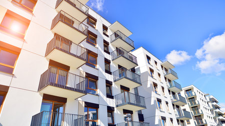 New modern block of flat, condo architecture. Residential apartment flat, luxury house complex. City real estate property.の写真素材