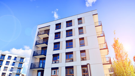 New modern block of flat, condo architecture. Residential apartment flat, luxury house complex. City...