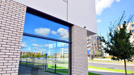 Panoramic windows of new commercial premises. Commercial property in development standard for rent....