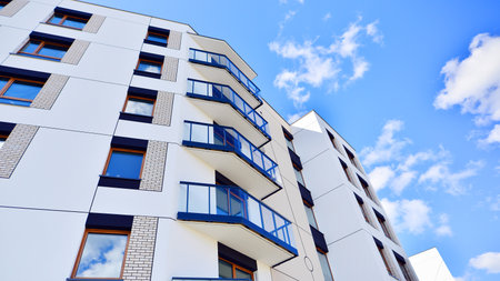 New modern block of flat, condo architecture. Residential apartment flat, luxury house complex. City...