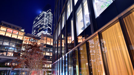 Modern office building in city center illuminated at night. Rows of lit windows against the...