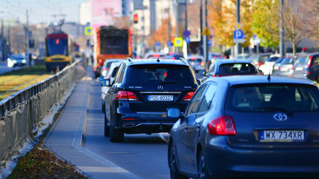 Warsaw, Poland. 6 November 2025. Car traffic at rush hour in Grochowska street of the city. Car...
