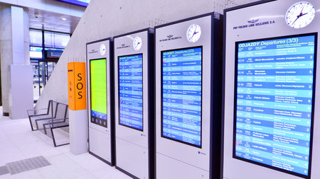 Warsaw, Poland. 28 November 2025. Electronic train timetable located at the Warszawa Zachodnia...