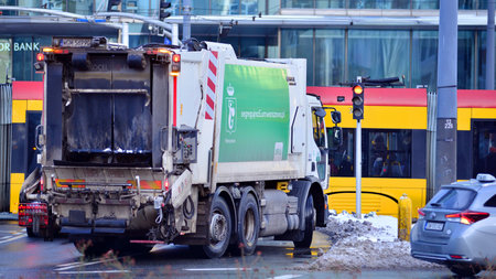 Warsaw, Poland. 5 January 2026. A modern garbage truck for waste collection in the center of a...